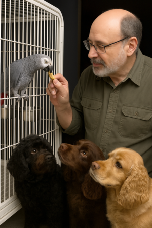 3 dogs and a parrot
